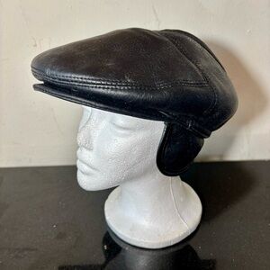 Vintage Men’s Cannes Brand XXL Newsboy Black Leather Snap Cap with Ear Flaps